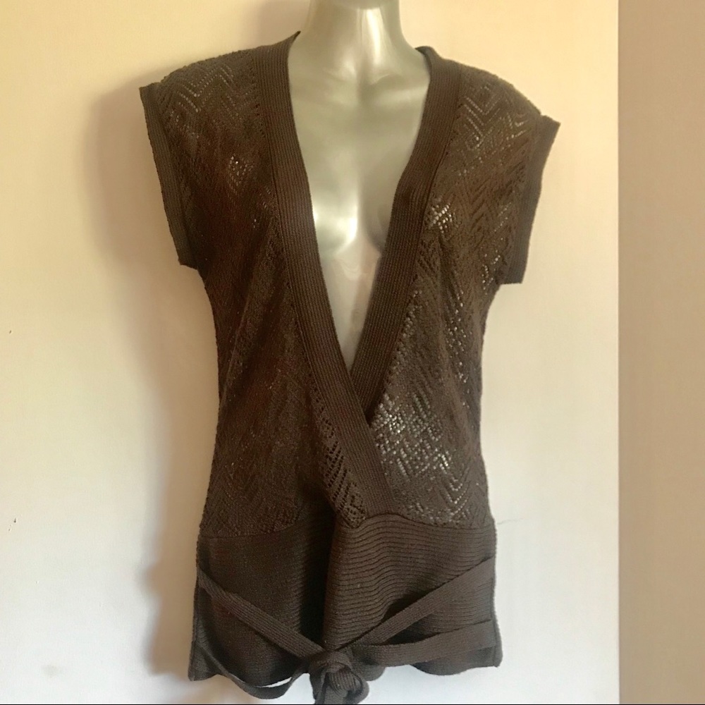 VTG Mexx Y2K Open Chevron Mesh Pointelle Knit Wrap Sweater Vest Top Brown Medium - Picture 3 of 12